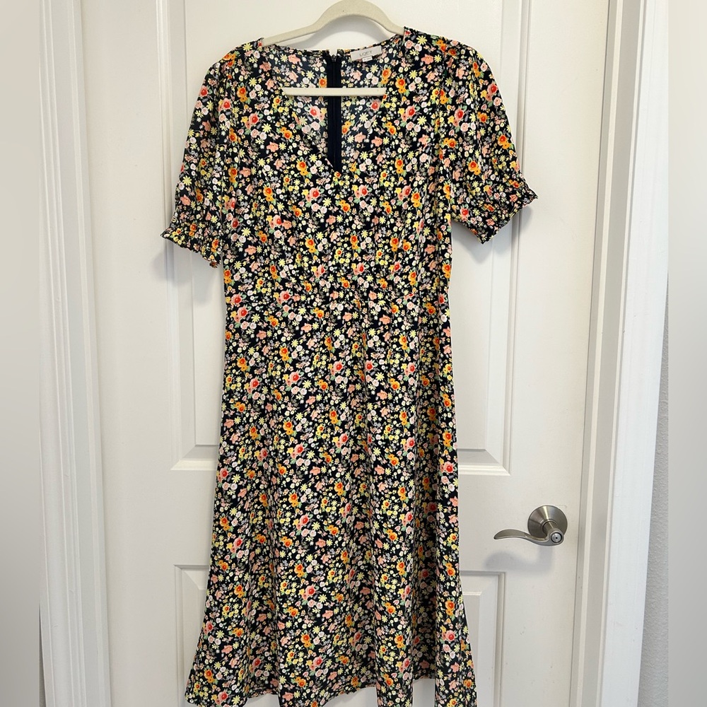 LOFT Black Floral Midi Dress